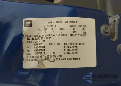 2003 Chevrolet Cavalier z USA, uszkodzony, nr VIN 1G1JC52F337160520